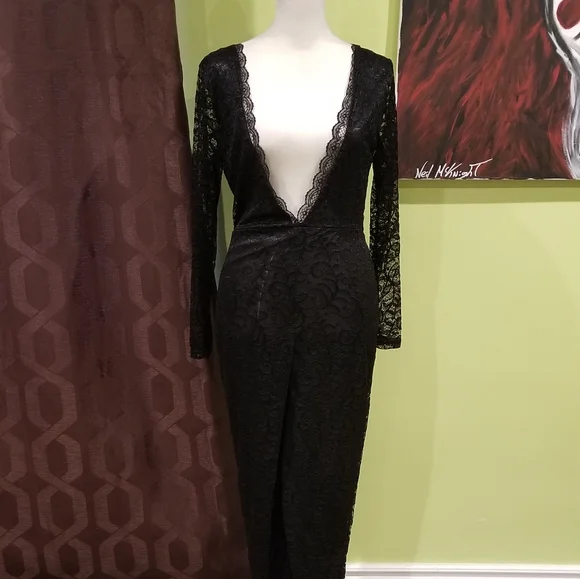 Plunging Neckline Sheer Lace Jumpsuit With Black And Silver Heart Shaped Pastie - Picture 2 of 5